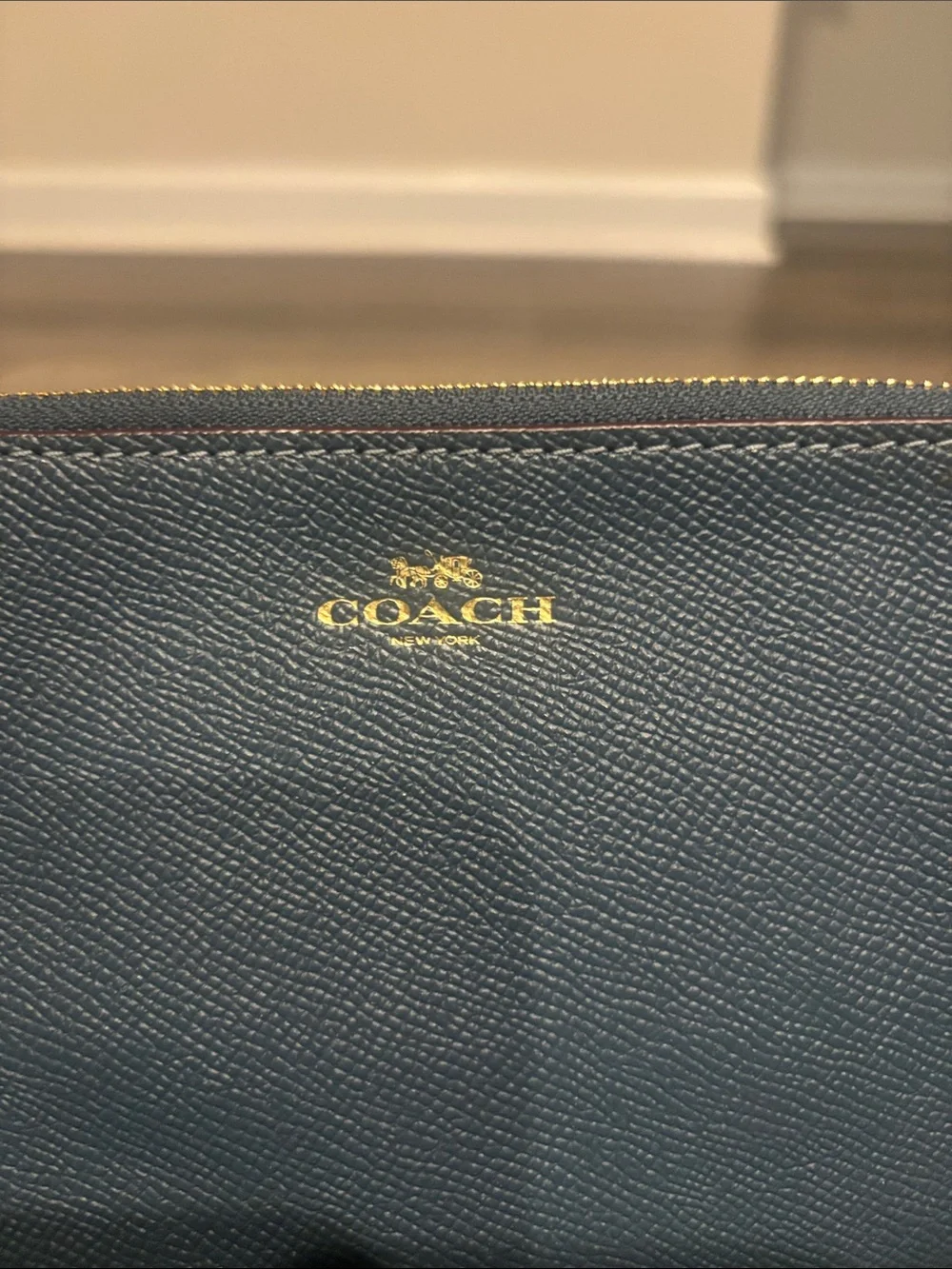 Coach Navy Leather Wristlet with Gold Logo